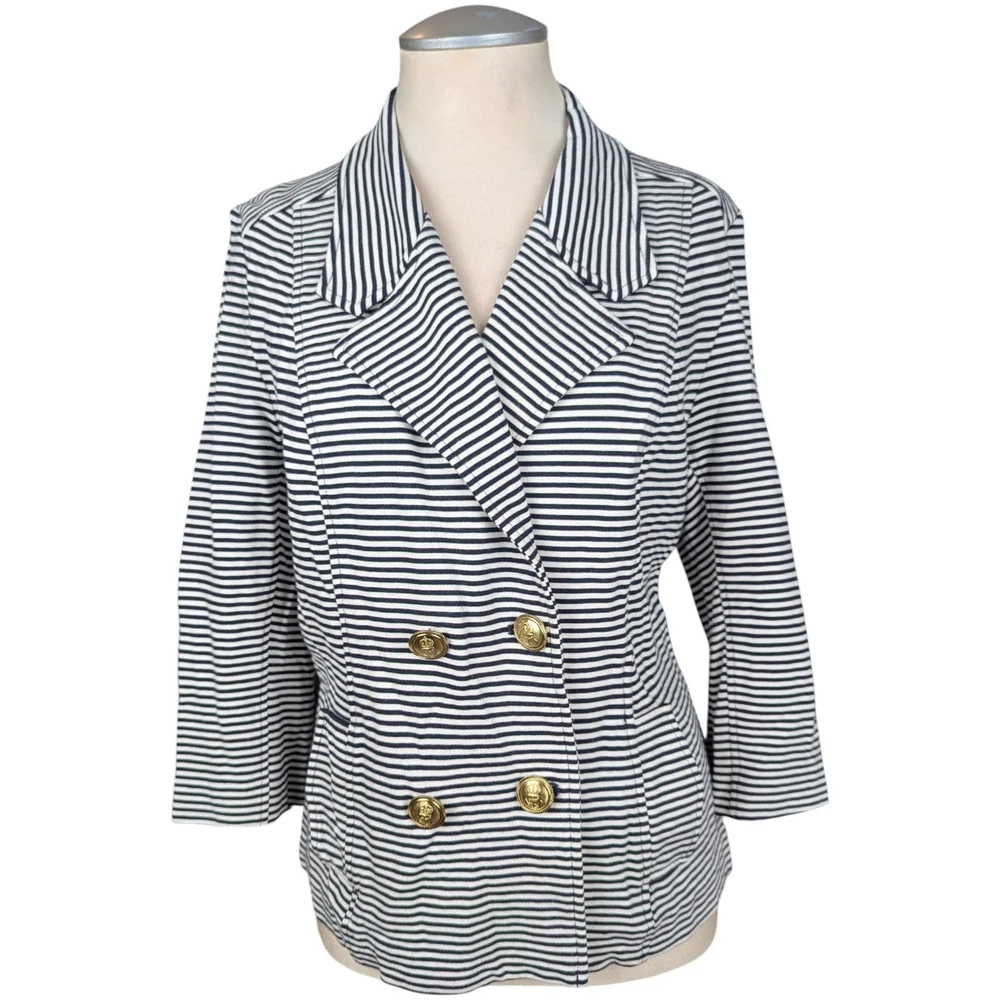 CAbi Navy & White Striped Nautical 3/4 Sleeve  Double-Breasted Blazer With Gold - Picture 2 of 8